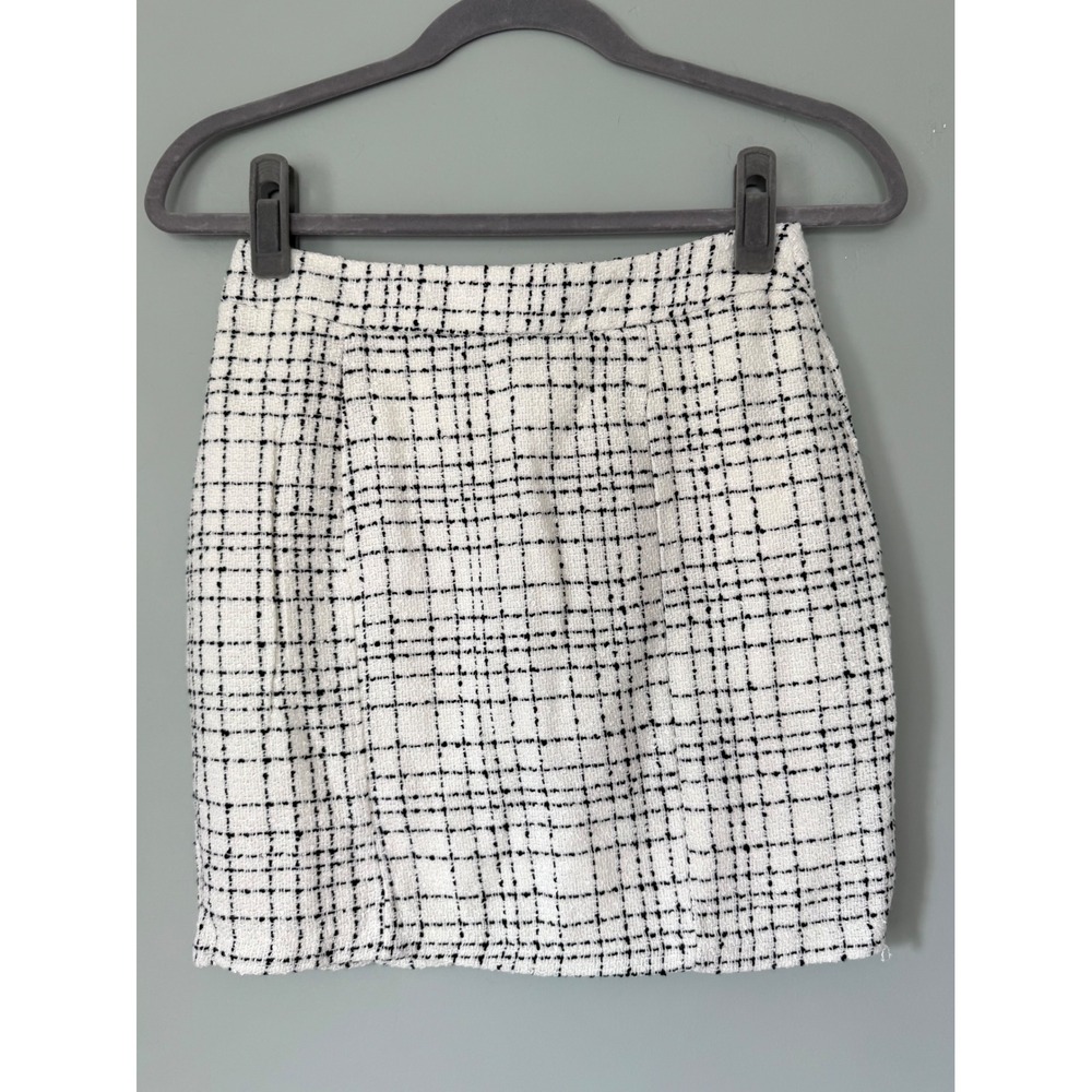 Forever 21 Tweed Mini Skirt Black White‎ Plaid High Waisted Lined Small Academia